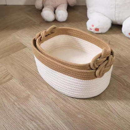 Set of 2 Cotton Woven Baskets 100% – Decorative Storage Set, Easy to Carry, Modern Design in Beige or Gray, Ideal for Bathroom, Bedroom, Living Room, Nursery & Gift Giving