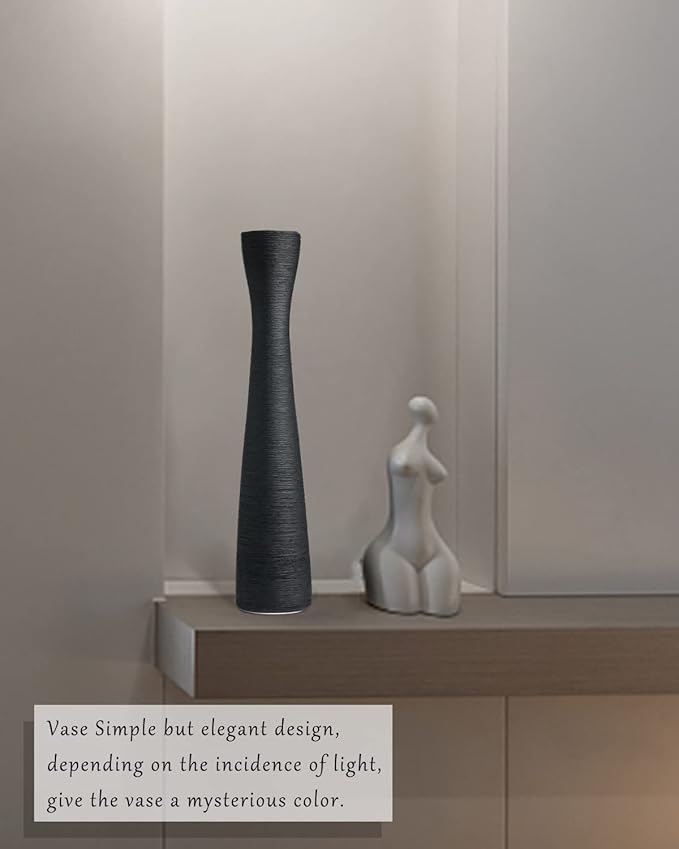 Black Tall Vase, 16 Inch Tall Slender Flower Vases, Handmade Brushed Ceramic Vase, Modern Minimalist Style Decor for Living Room, Home, Office, Centerpiece, Wedding Party - Matte Black