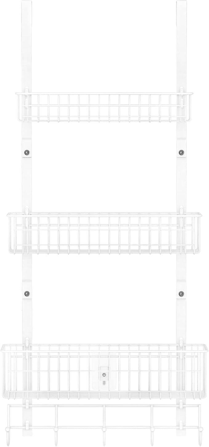 ETELI Over The Door Basket Organizer with 3 Mesh Baskets and 5 Hooks Heavy Duty Pantry Door Organizer Back of Door Storage Rack for Bathroom, Kitchen, Office, White