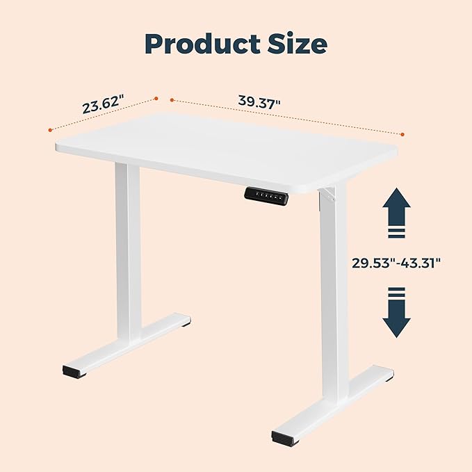 One-Piece Standing Desk 40 x 24 Inches, Small Adjustable Height Desk for Small Space Electric Sit Stand Desks Home Office Computer Workstation, White