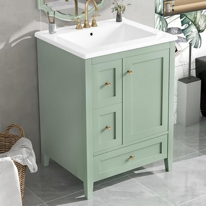 Merax 24 inch Bathroom Vanity with Drawers, Modern White Vanity for Small Bathroom with Adjustable Shelf & Removable Dividers, Easy to Clean Glossy Finish, Green