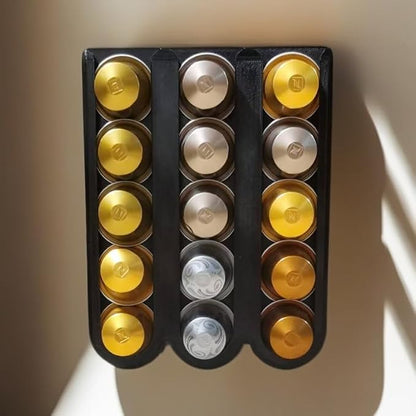Wall Mounted Coffee Pod Holder Compatible with Nespresso Capsules, 3 Row Space Saving Organizer Holds 15 Pods for Kitchen Counter