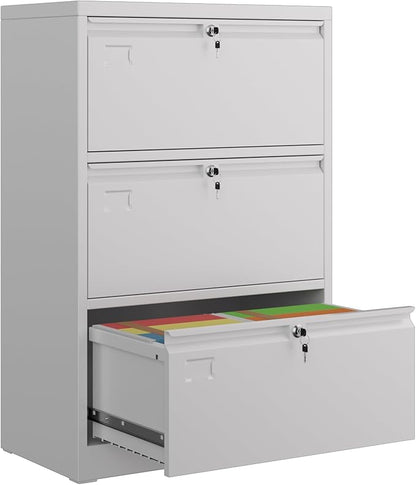 Lateral File Cabinet 3 Drawer,Metal Filing Cabinet with Locks and Business Card Slot for Home Office Hanging Letter/Legal Size Folders,Required Assembly,White