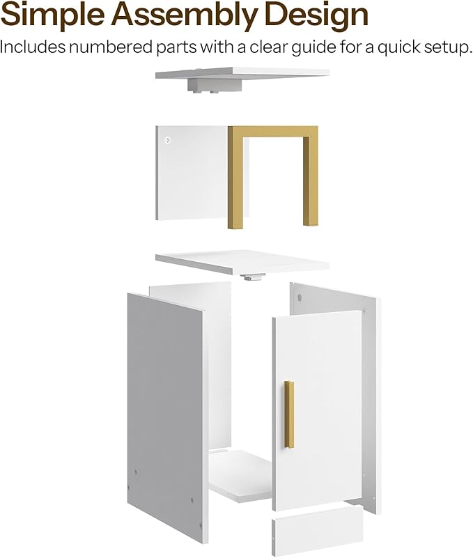 Narrow Nightstand, Bedside Table with Charging Station, Skinny End Table with Cabinet, Modern Night Stand for Small Spaces, Bed Side Cabinet for Bedroom, White and Gold ET27UDW