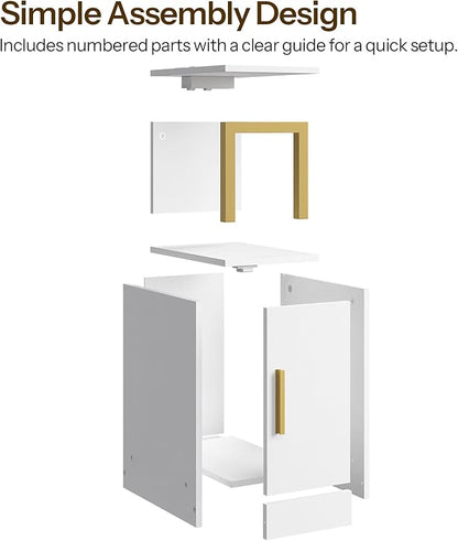 Narrow Nightstand, Bedside Table with Charging Station, Skinny End Table with Cabinet, Modern Night Stand for Small Spaces, Bed Side Cabinet for Bedroom, White and Gold ET27UDW