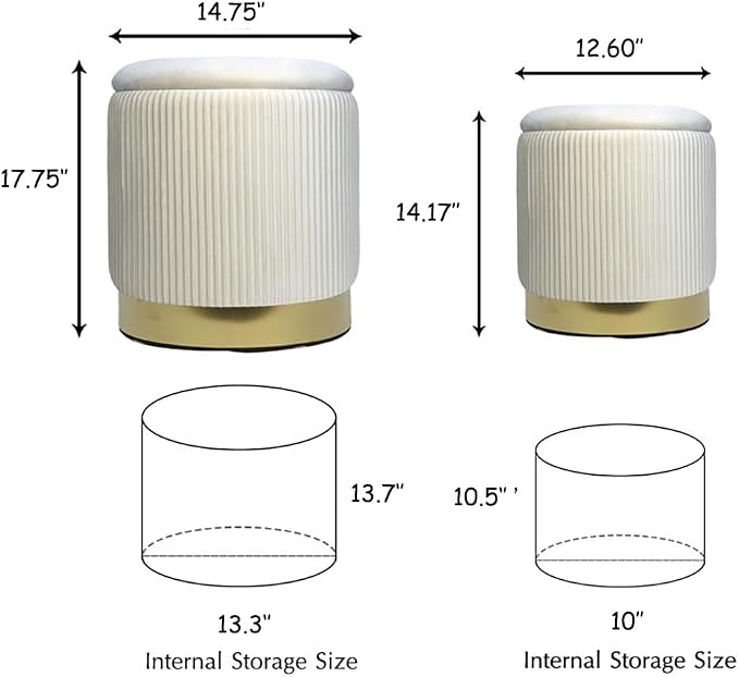 Velvet Round Ottoman Set of 2 with Storage 12 Gallon Capacity - Multi-Functional Stool for Living Room, Footrest, Vanity Seat, Coffee Table, Sturdy 300lb Capacity（Cream White）