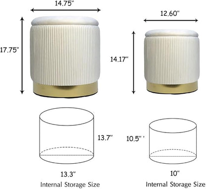 Velvet Round Ottoman Set of 2 with Storage 12 Gallon Capacity - Multi-Functional Stool for Living Room, Footrest, Vanity Seat, Coffee Table, Sturdy 300lb Capacity（Cream White）