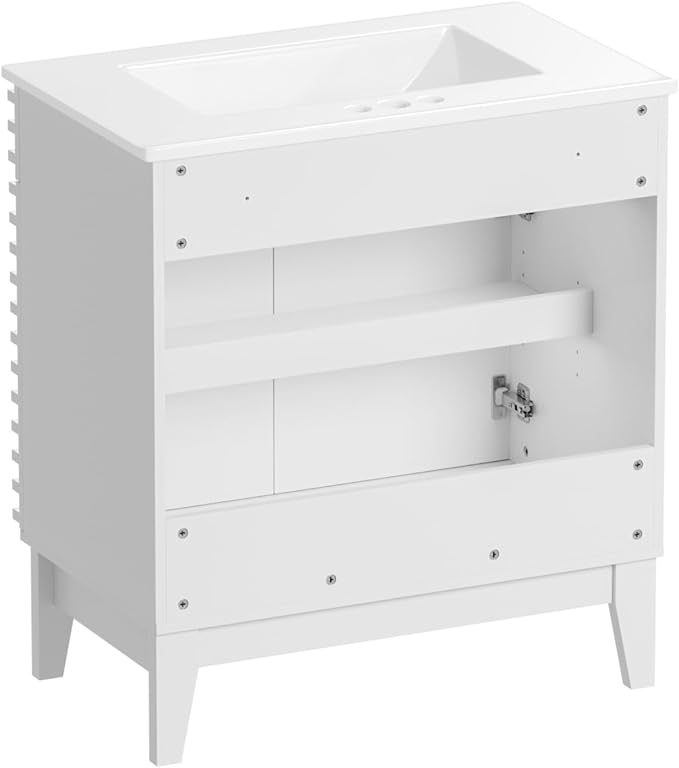 ROOMTEC 30" Bathroom Vanity with Sink, Mid-Century Freestanding Bathroom Vanity Sink with Storage, Undermount Ceramic Sink, Particleboard Frame with Wood Grain Laminate, White