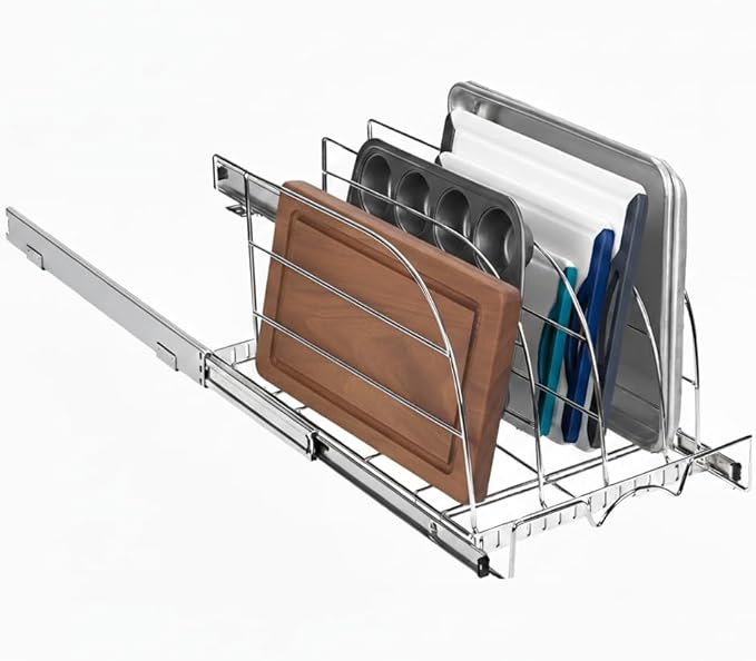 HOLDN’ STORAGE Pull Out Organizer for Bakeware, Cutting Board and Trays, Adjustable Dividers - Heavy Duty, Lifetime Limited Warranty - For Narrow Cabinet Spaces, 12.5”W x 21”D x 11”H, Chrome