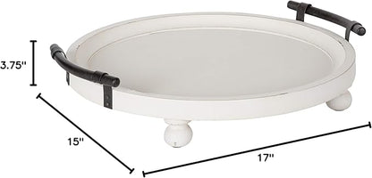 Kate and Laurel Bruillet Farmhouse Round Tray, 15 inch Diameter, Rustic White, Wood Tray for Coffee Table
