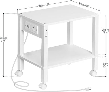 HOOBRO 2-Tier Printer Stand with Charging Station, Under Desk Printer Table, Printer Cart with Storage Shelves, Shelf for Small Spaces, for Home Office, White WT38UPS01