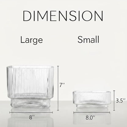 Short Glass Vases, Set of 2 Clear Glass Vases for Tulips, Ribbed Vase for Flowers, Modern Small Vase for Living Room, Dining Room, Bathroom, Desk, Shelf, Wedding, Office