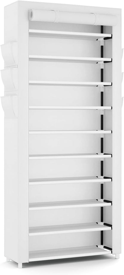 VTRIN Vertical Narrow Shoe Rack Organizer Tall Shoe Rack for Closet Entryway 10 Tier Non-Woven Cover Shoe Shelf Holds 36-41 Pairs Free Standing Shoe Storage Cabinet with Dustproof Cover, White