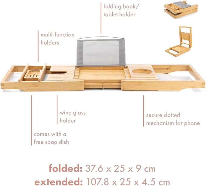 TranquilBeauty Premium Bath Caddy | Bath Board with iPad, Tablet, and Phone Stand | Extendable Wooden Tray Bath Rack