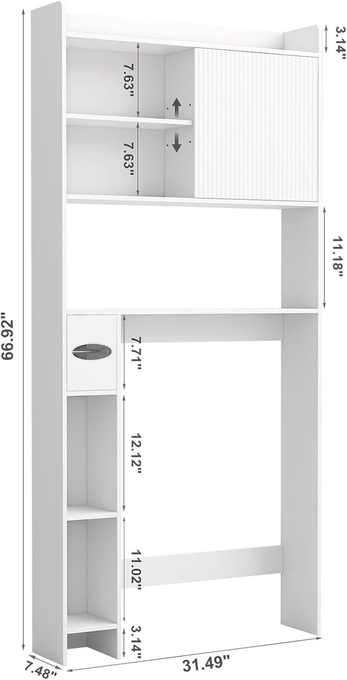 31.5" W Over The Toilet Storage Cabinet with Sliding Door, Bathroom Above Toilet Storage Cabinet with Adjustable Shelves, Toilet Paper Holder, Space Saver Cabinet for Bathroom, White
