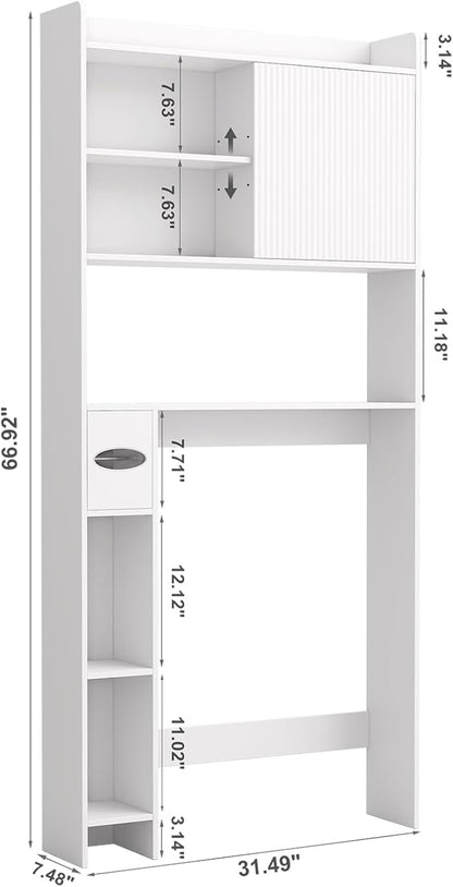 31.5" W Over The Toilet Storage Cabinet with Sliding Door, Bathroom Above Toilet Storage Cabinet with Adjustable Shelves, Toilet Paper Holder, Space Saver Cabinet for Bathroom, White
