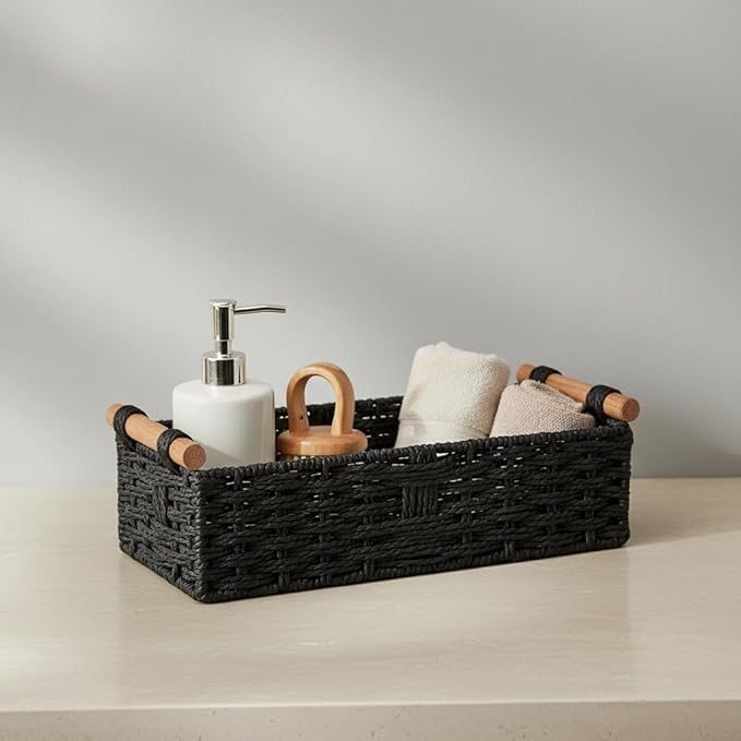 Back of Toilet Basket, Black Toilet Tank Basket with Wooden Handles, Handwoven Paper Rope Wicker Organizer for Toilet Top/Over Toilet Shelf/Bathroom Counter Storage Bin,Holds 2 Toilet Paper Rolls