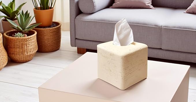 Marble Tissue Box Cover Square Decorative Stone Klenex Box Holder for Bathroom & Living Room with Handcrafted Texture (Beige Yellow)