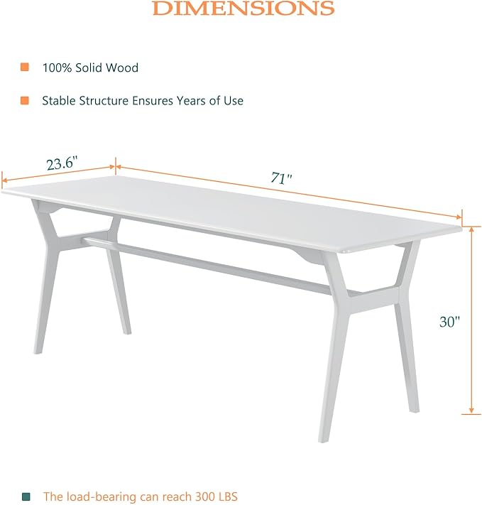 Solid Wood Study Desk - 71" Double Long Computer Table for Home Office, 2-Person PC Workstation, White