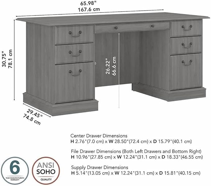 Bush Furniture Saratoga Executive Desk with Drawers, Modern Gray
