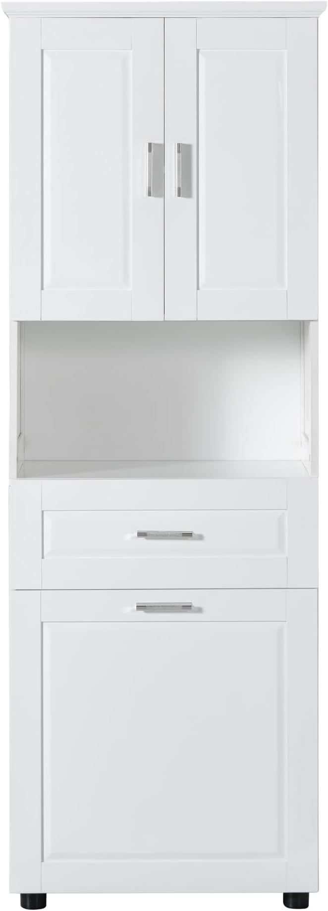 70" Tall Bathroom Storage Cabinet with Two Doors and Drawer, Open Space and Laundry Hampers for Home Display Organizer, Removable Laundry Basket, Adjustable Shelf, White
