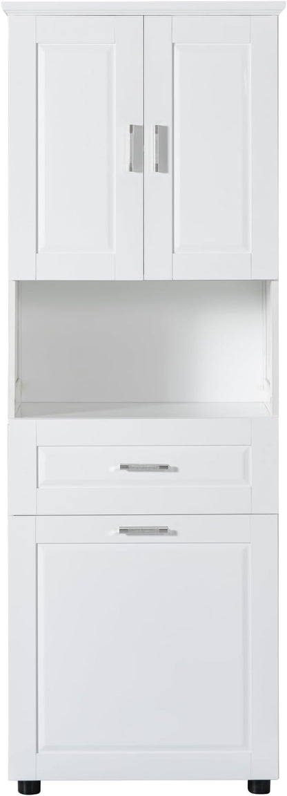 70" Tall Bathroom Storage Cabinet with Two Doors and Drawer, Open Space and Laundry Hampers for Home Display Organizer, Removable Laundry Basket, Adjustable Shelf, White
