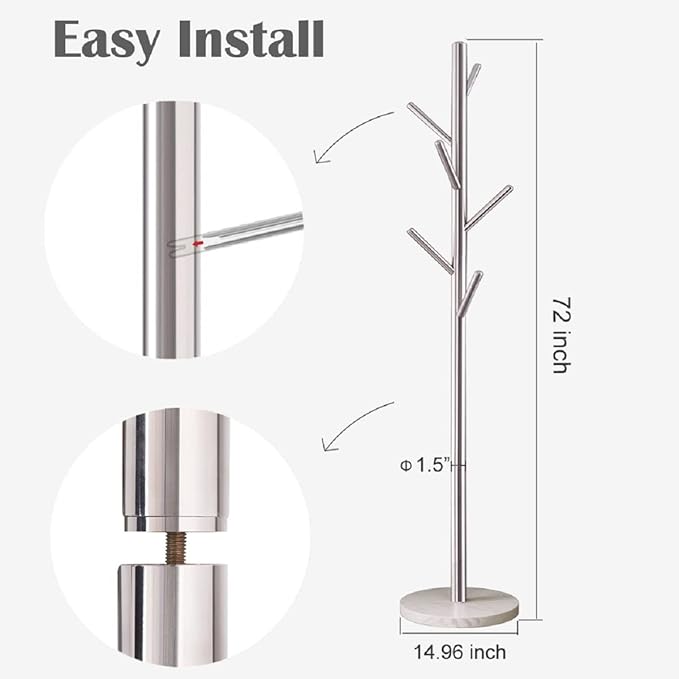 Jolitac Metal Coat Rack Stand Satin Steel Finish Stable Marble Base, High-Grade with Hooks Metal Tree Hat & Coat Hanger Floor Free Standing Wall Bedroom Easy Assembly (Satin Steel)