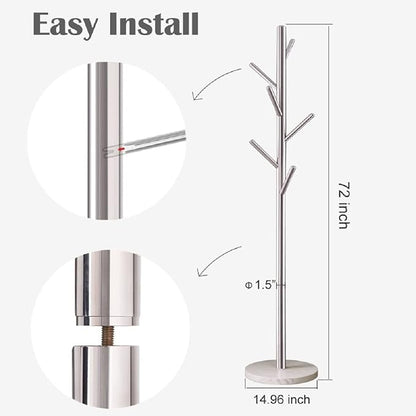 Jolitac Metal Coat Rack Stand Satin Steel Finish Stable Marble Base, High-Grade with Hooks Metal Tree Hat & Coat Hanger Floor Free Standing Wall Bedroom Easy Assembly (Satin Steel)