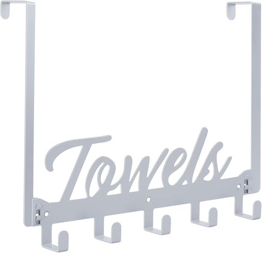 Azmoncy Over The Door Hooks, Towel Rack for Bathroom & Bedroom, Heavy Duty Over Door Towel Hanger with 5 Coat Hooks, Silver