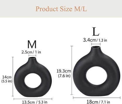 Black Ceramic Donut Vase Set of 2, Big Hollow Round Matte Pampas Flower Vases for Boho Home Wedding Party Room Dinner Table Shelf Decor.