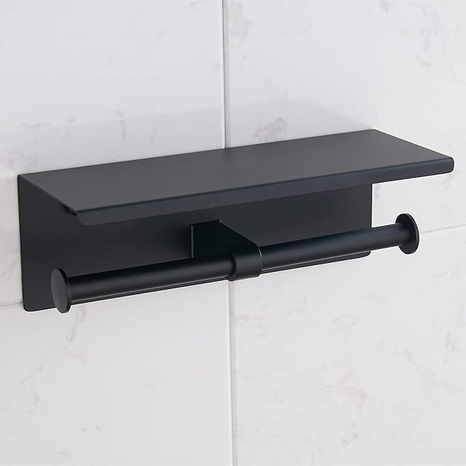 BGL Toilet Paper Holder with Shelf Matte Black, 304 Stainless Steel Wall Mount Toilet Tissue Roll Holder with Double Post for Bathroom, Commercial Toilet Paper Dispenser with Phone Shelf