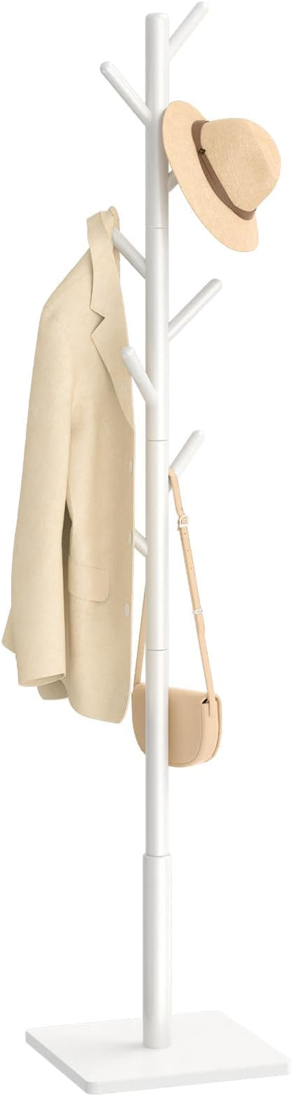 Yawinhe Coat Rack, Sturdy Woode Stand Tree with 8 Hooks, 3 Adjustable Height for Bedroom, Hallway, Entrance, Office, 11.8 x 70.8 inches, White, 1-Pack, Square Base
