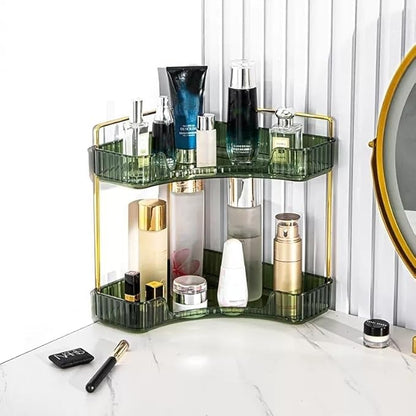 Corner Bathroom Counter Organizer, Vanity Tray for Skincare Makeup, 2-Tier Counter Shelf (Green)