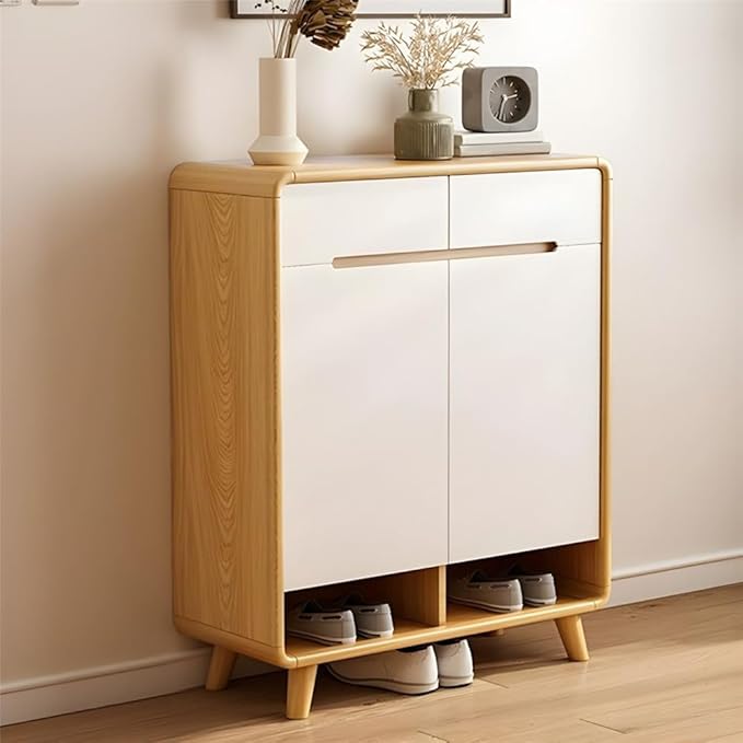 NIUYAO Shoe Storage Cabinet with 2 Drawers Solid Wood Morden Simple Style Free Standing Hidden Shoe Racks Organizer for Entrance Hallway Entryway -White Wood 33" L x 14" W x 40" H
