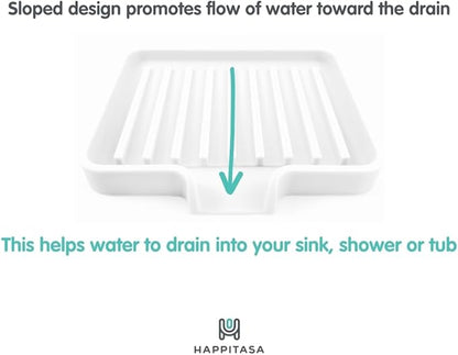 Happitasa Silicone Soap Dish Tray and Sponge Holder with Drain Chute, Pack of 2 | Bathroom and Kitchen Sink Organizer Caddy (Grey, 5.2"x4", 7.2 Ounces)