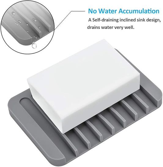 Silicone Soap Dishes for Shower, 3+1 PCS Upgrade Self-Draining Bar Soap Holder, Premium Sponge Holder for Sink, Kitchen, Bathroom, or Counter, Easy Clean, Can Extend Soap Life (White & Gray)