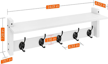 Homode Coat Rack with Shelf Wall Mount, 24 Inch Long Wall Shelf with Hooks Underneath, Wood Hanging Coat Hanger with Hat Shelves for Entryway, Bathroom, Mudroom, White