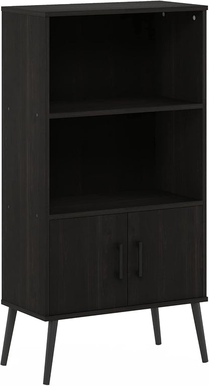 Furinno Claude Mid Century Style Accent Wooden Leg Bookcase Cabinet with Storage Organizer Shelves, Espresso