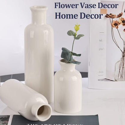 White Ceramic Vase Set - 3 White Small Vases, Farmhouse Country Flower Vase Home Decor, Living Room Decoration, Table Decoration, Fireplace Decor, and Entrance Decorations Centerpieces