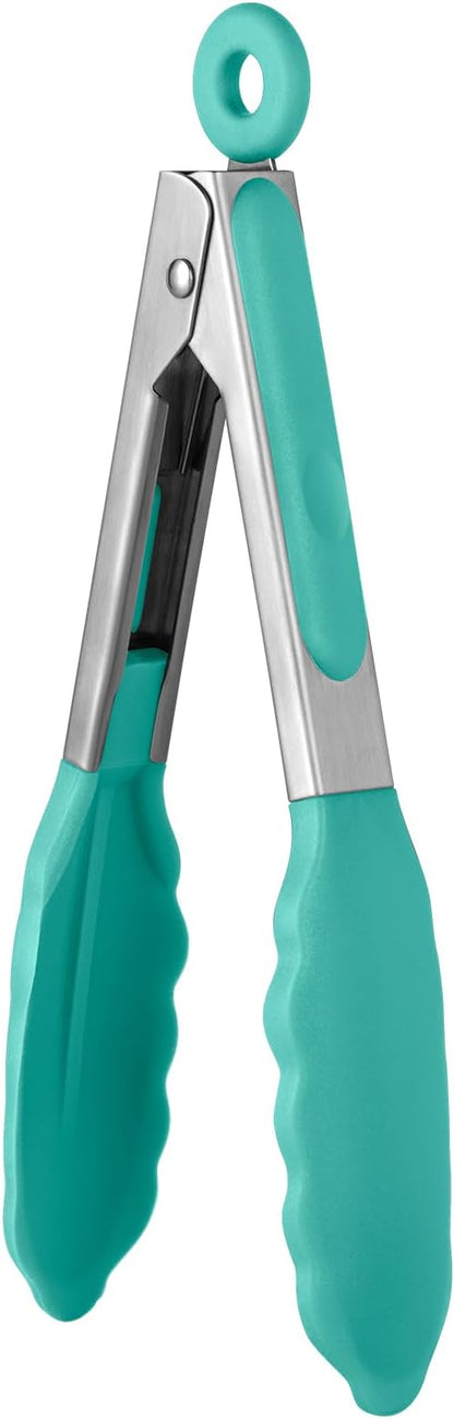 600ºF Heat Resistant Kitchen Tong: U-Taste 7in Silicone Cooking Tong with Firm Sealed Non Stick Rubber Tips & Silicon Coated 18/8 Stainless Steel Handle & Smooth Locking for Serving Salad (Aqua Sky)