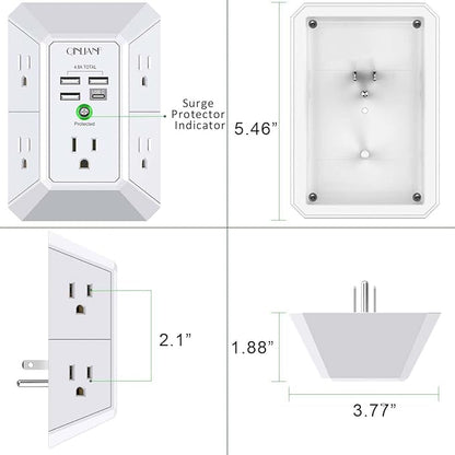 Wall Charger, Surge Protector, QINLIANF 5 Outlet Extender with 4 USB Charging Ports (4.8A Total) 3-Sided 1680J Power Strip Multi Plug Adapter Spaced for Home Travel Office (3U1C)