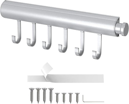 12 inch Valet Rod for Closets Pull Out, Closet Rods Extenders for Hanging Clothes Telescoping Adjustable With 6 Hooks (Silver, 12 Inch-1 Pack)