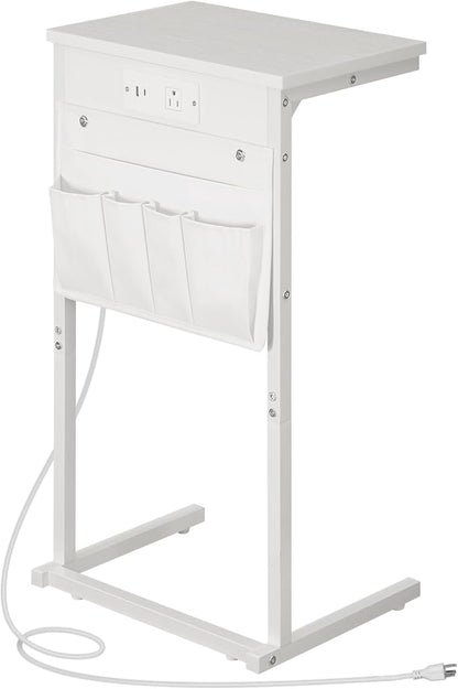 HOOBRO C Shaped End Table with Charging Station, 28" H Couch Side Table Slide Under, Sofa Arm Tray Table with Storage Bag for Living Room, Recliner, White WW70USF01