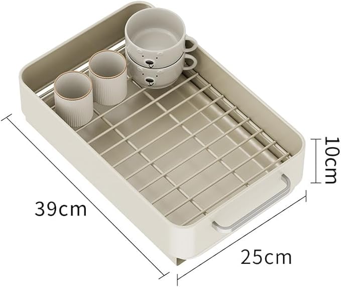 Under Basin Slide-Out Dish Drying Rack (Matte White Flat Mesh): Heavy-Duty Carbon Steel with Drip Tray – Space-Saving Kitchen Cabinet Organizer for Plates/Bowls