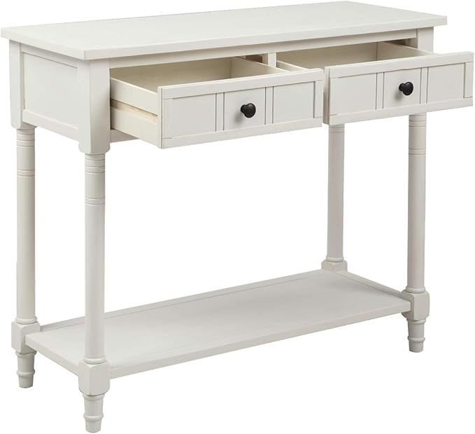 Knocbel 35.5 Inch Antique Entry Console Table with Drawers & Bottom Open Shelf, Solid Wood Sofa Couch Table for Entryway Hallway Living Room (Ivory White)