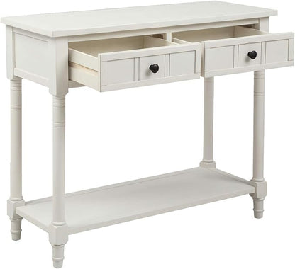 Knocbel 35.5 Inch Antique Entry Console Table with Drawers & Bottom Open Shelf, Solid Wood Sofa Couch Table for Entryway Hallway Living Room (Ivory White)