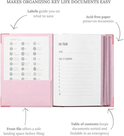 The Folio® Important Document Organizer by Savor | Binder with Guided Labels, Acid-Free File Folder Organizer with 10 Pockets, Document Holder for Home Records, Legal and Medical Papers (Pink)