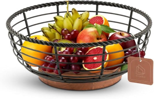 DE- AARTICO Wood and Iron Fruit Bowls Dishwasher Safe Basket Gift for Home Kitchen, Medium, Natural - 12"x12"x 5" INCHES