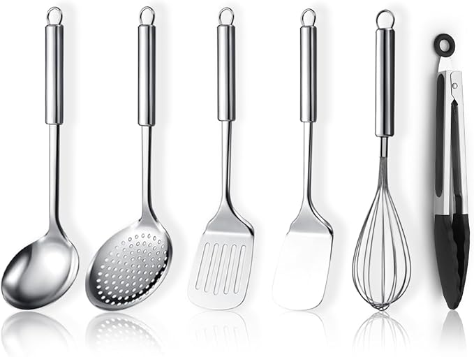 ReaNea Stainless Steel Cooking Utensils Set 6 Pieces, Kitchen Tools Set Include Metal Spatula Set, Skimmer, Ladle, Tong, Whisk, Kitchen Gadgets Essentials New Home Must Have