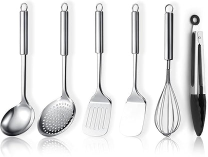ReaNea Stainless Steel Cooking Utensils Set 6 Pieces, Kitchen Tools Set Include Metal Spatula Set, Skimmer, Ladle, Tong, Whisk, Kitchen Gadgets Essentials New Home Must Have